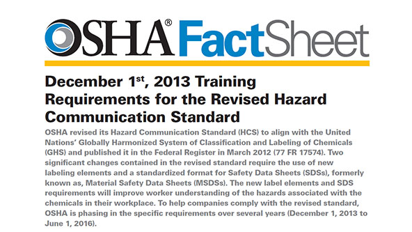 OSHA Publishes Training Fact Sheet for HazCom 2012 and GHS Adoption